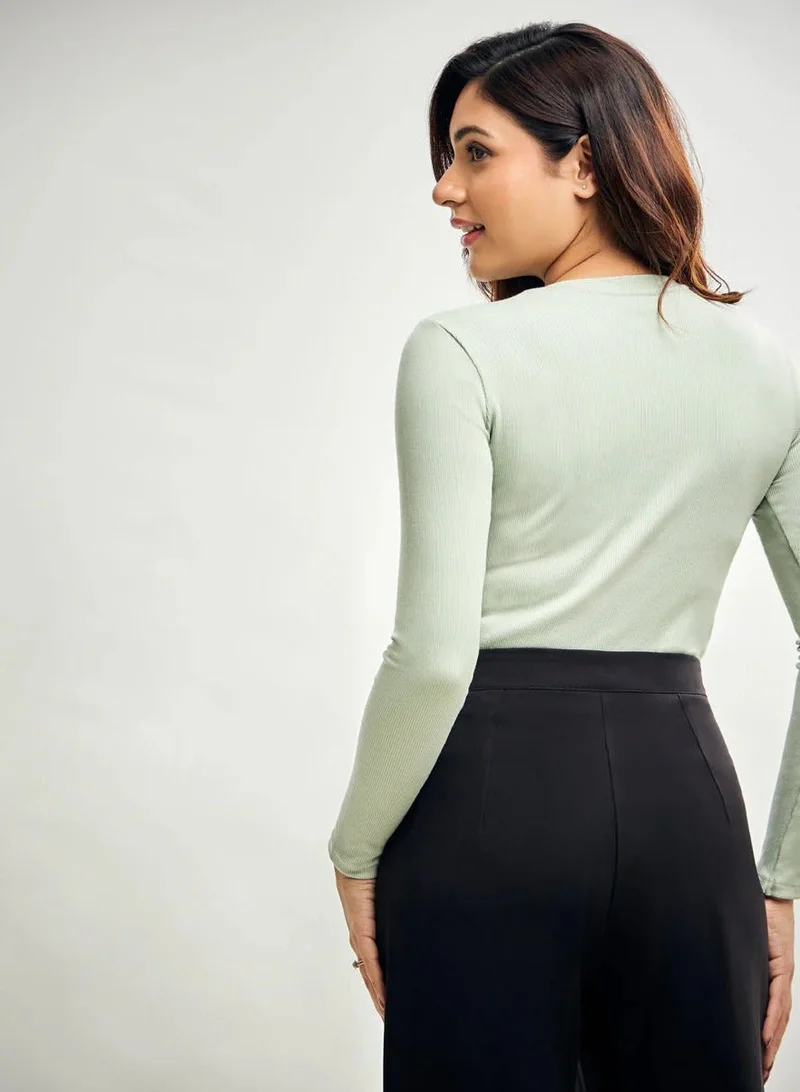 Zigzag  Long Sleeve Round Neck Rib Top- Baby Green for Women | Best Price UAE