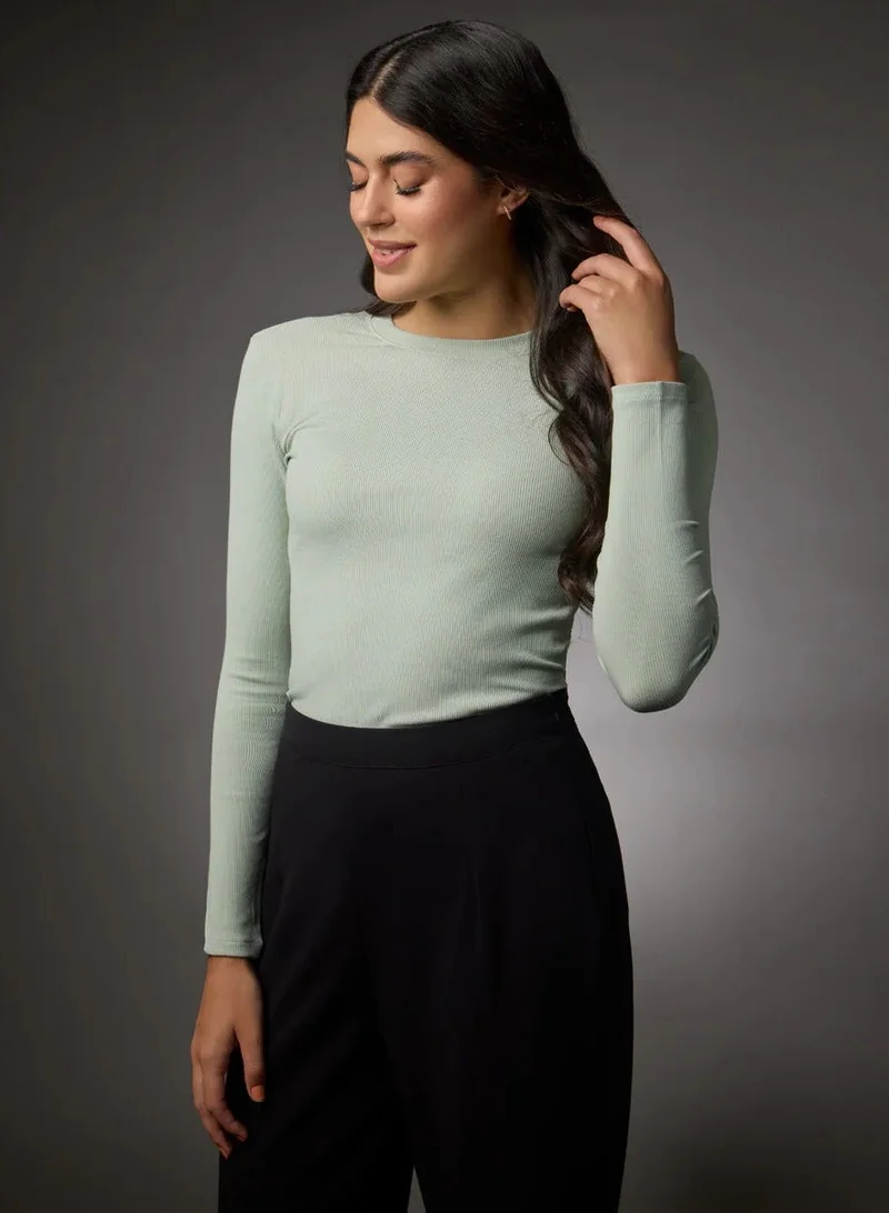 Zigzag  Long Sleeve Round Neck Rib Top- Baby Green for Women | Best Price UAE