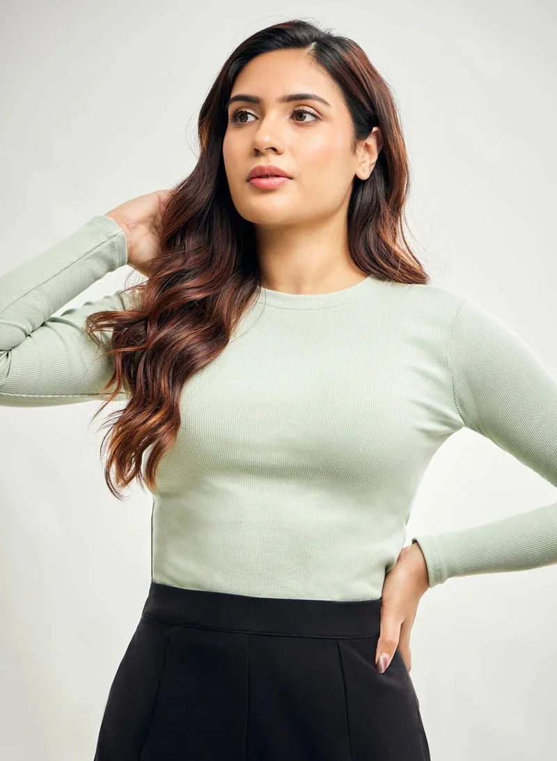 Zigzag Long Sleeve Round Neck Rib Top- Baby Green