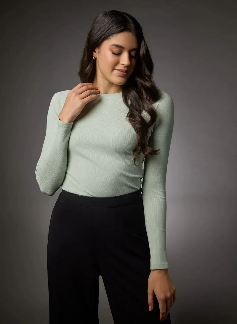 Zigzag  Long Sleeve Round Neck Rib Top- Baby Green for Women | Best Price UAE