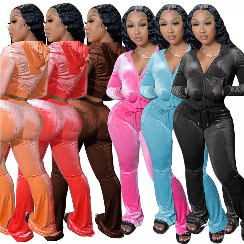 Velvet Hoodie  Wide Leg Pants Set Casual Womens Plus Size Pink  - Image 3
