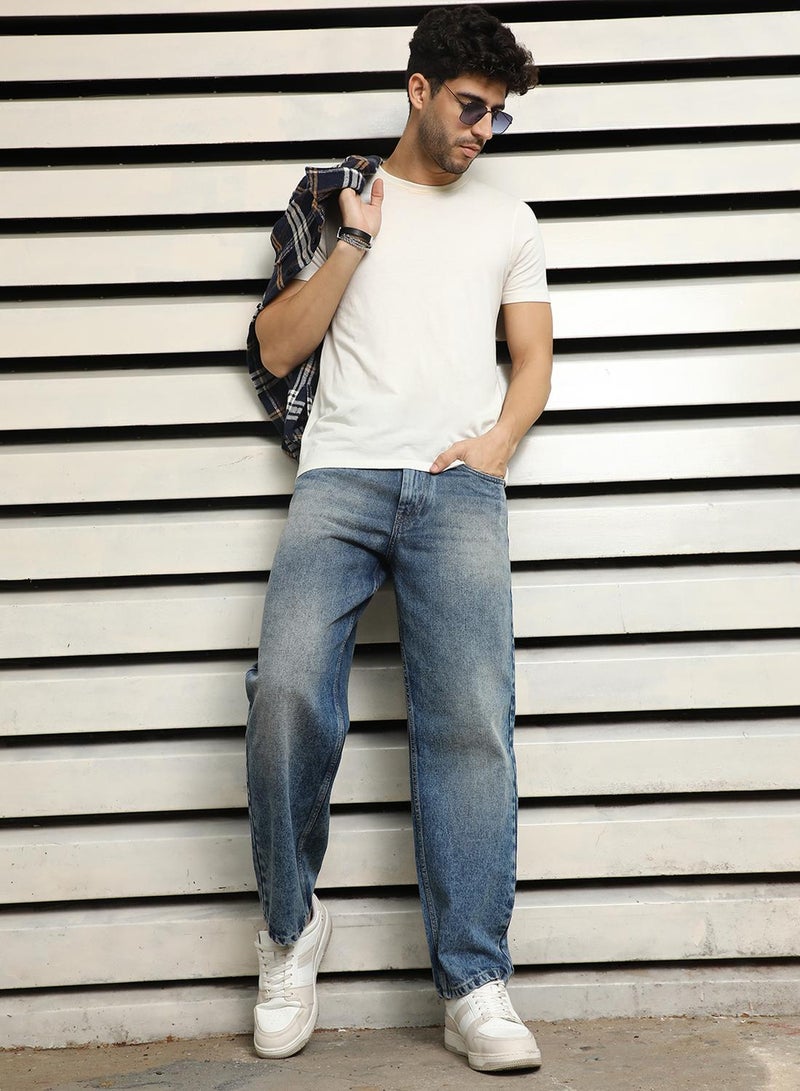 HIGH STAR Men's Indigo 100% Cotton Bleached Full Length Loose Jeans  - Image 1