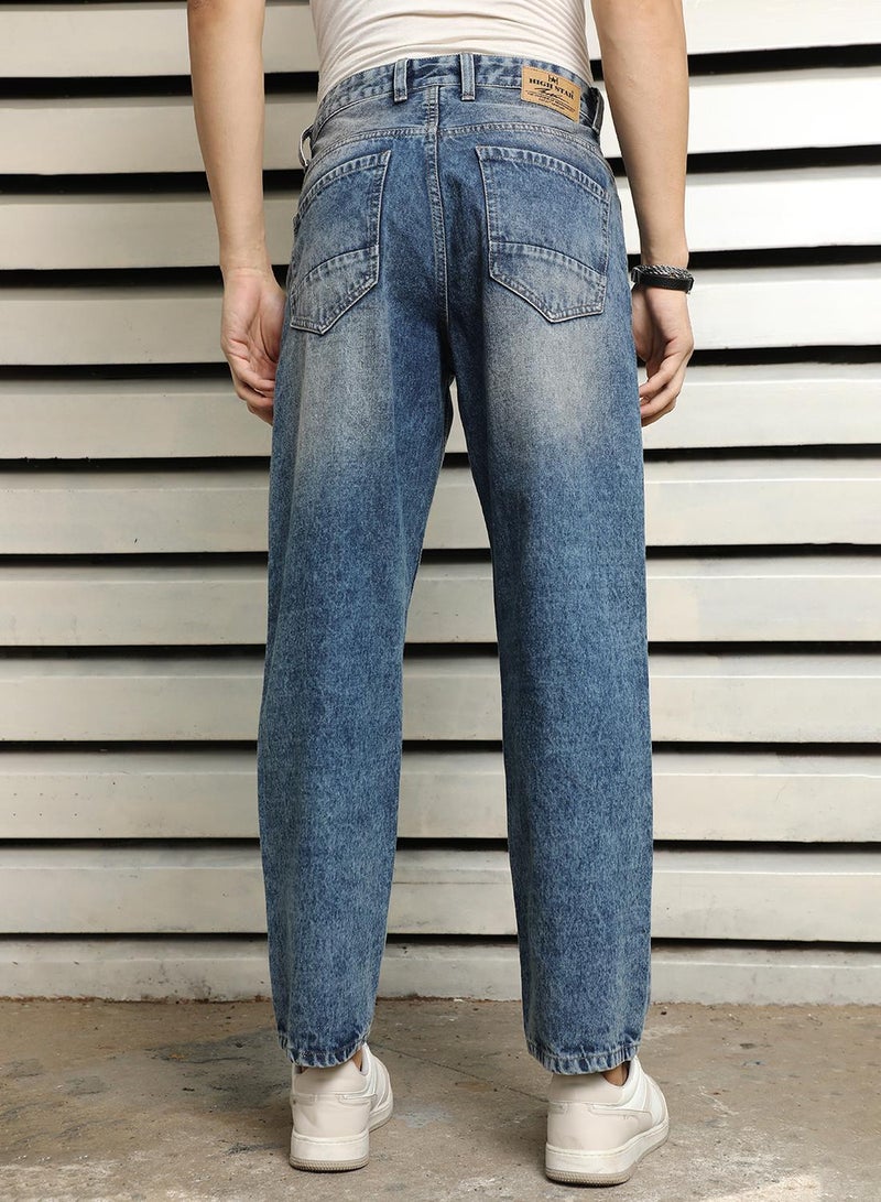 HIGH STAR Men's Indigo 100% Cotton Bleached Full Length Loose Jeans  - Image 4