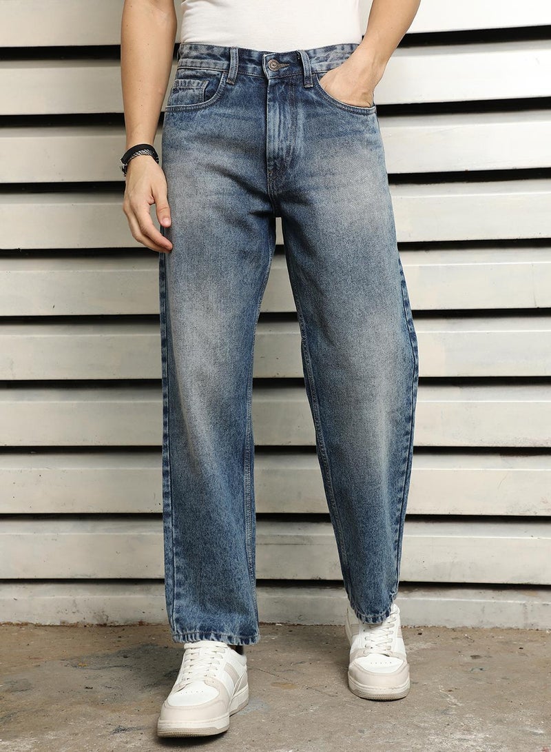HIGH STAR Men's Indigo 100% Cotton Bleached Full Length Loose Jeans  - Image 2
