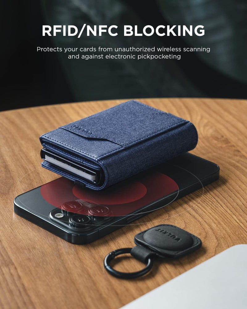 VULKIT Airtag Wallet with Keyring Mens Pop up Credit Card Wallet with Air Tag Holder Trifold ID Window RFID Blocking（Navy） - Image 4