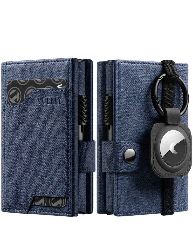 VULKIT Airtag Wallet with Keyring Mens Pop up Credit Card Wallet with Air Tag Holder Trifold ID Window RFID Blocking（Navy） - Image 1