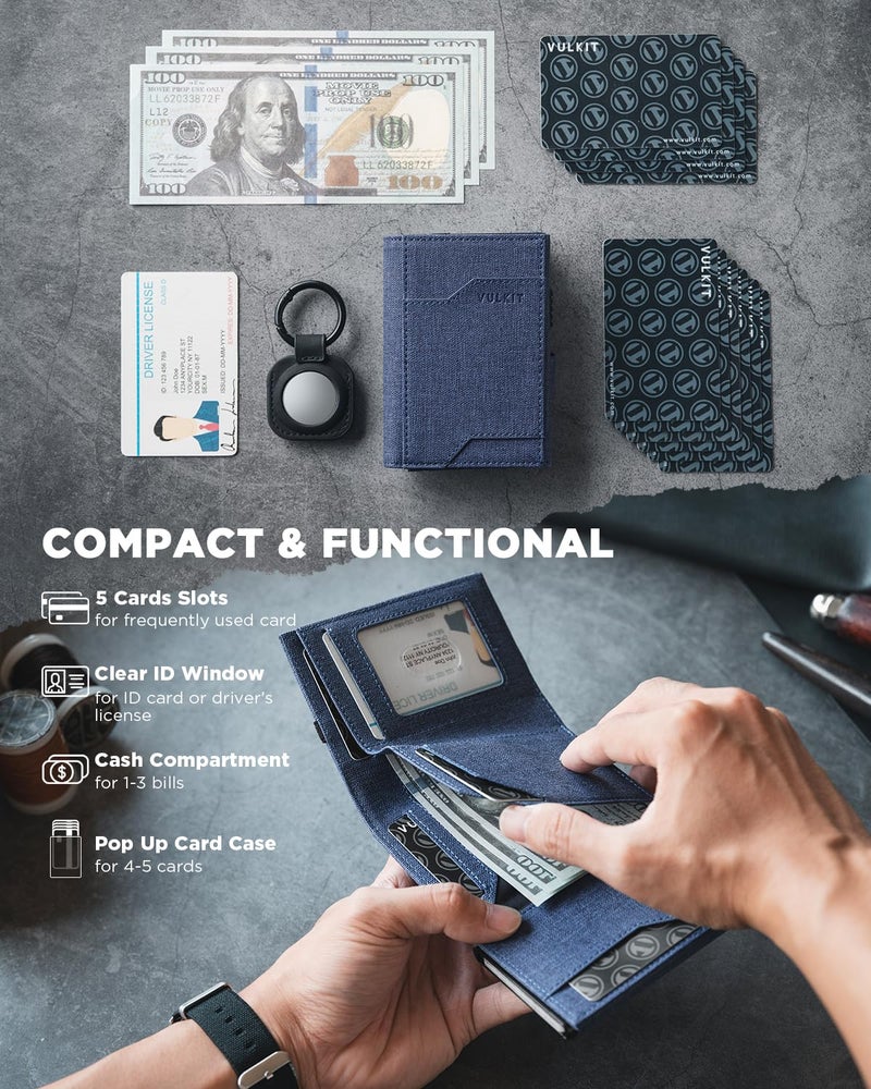 VULKIT Airtag Wallet with Keyring Mens Pop up Credit Card Wallet with Air Tag Holder Trifold ID Window RFID Blocking（Navy） - Image 3
