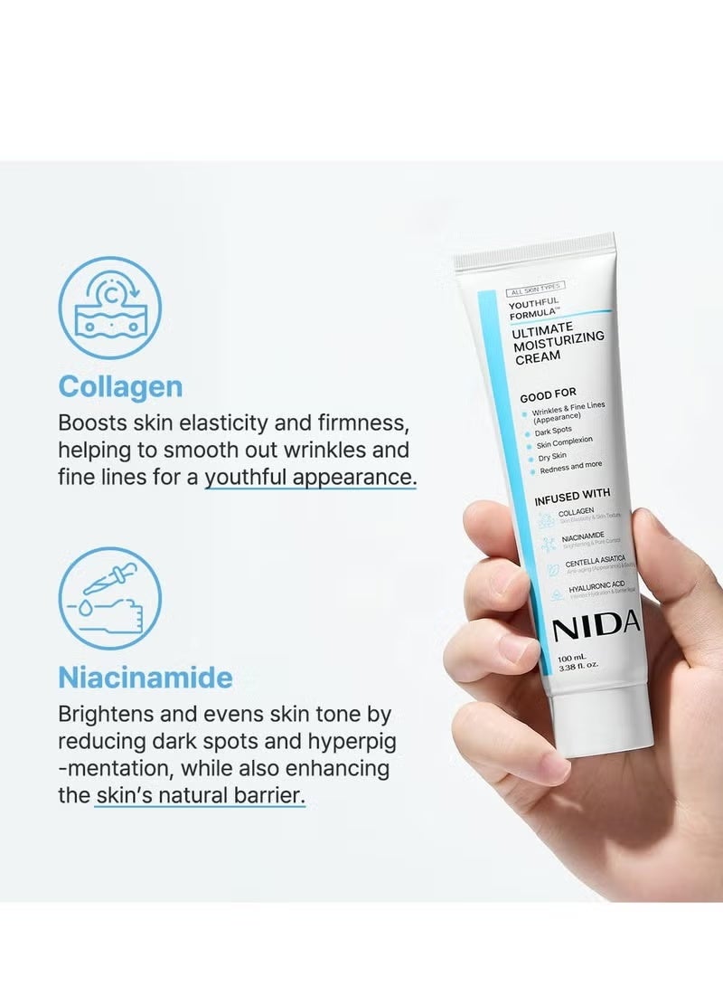 نيدا 2-PACKS Youthful Formula ™ كريم الترطيب النهائي | آسياتيكا، النياسيناميد، حمض الهيالورونيك، الكولاجين | التجاعيد، الخطوط الرفيعة، البقع الداكنة، الجلد الجاف، الاحمرار | 3.38 فلوريدا. أونصة، 100 مل*2 - Image 3