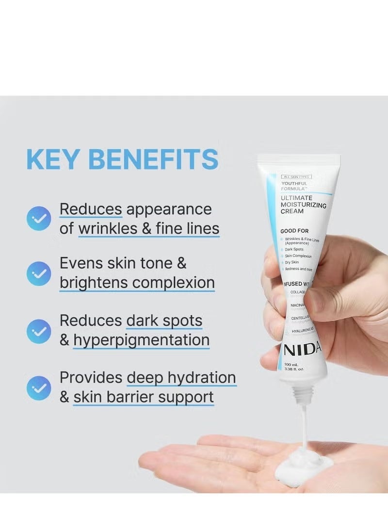 نيدا 2-PACKS Youthful Formula ™ كريم الترطيب النهائي | آسياتيكا، النياسيناميد، حمض الهيالورونيك، الكولاجين | التجاعيد، الخطوط الرفيعة، البقع الداكنة، الجلد الجاف، الاحمرار | 3.38 فلوريدا. أونصة، 100 مل*2 - Image 2