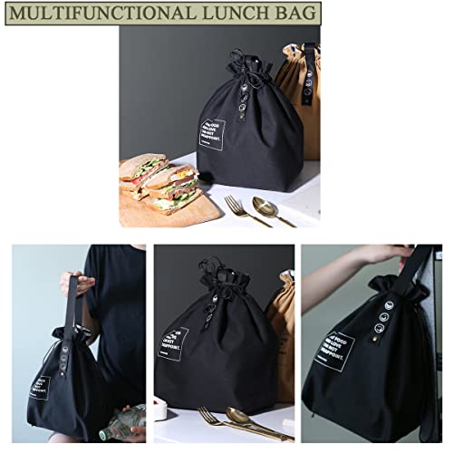 XINSHUN Canvas Drawstring Lunch Bag Insulated Lunch Tote Japanese Style Bento Tote Bag Reusable Lunch Bag Insulated Handbag Tote bag with Handle and Drawstring Closure for Women Work Picnic or Travel(BLACK) - Image 3