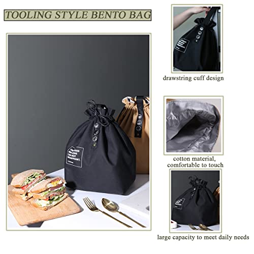 XINSHUN Canvas Drawstring Lunch Bag Insulated Lunch Tote Japanese Style Bento Tote Bag Reusable Lunch Bag Insulated Handbag Tote bag with Handle and Drawstring Closure for Women Work Picnic or Travel(BLACK) - Image 2