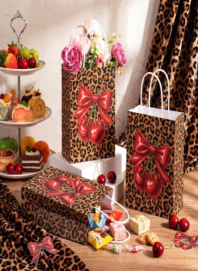 YooNotee 12 Pcs Cheetah Cherry Gift Bags Leopard Print Party Favors 8 x 6 x 3 Inch Cherry Bow Candy Bags with Handles Cheetah Print Goodie Presents for Women Bachelorette Wedding Birthday - Image 2