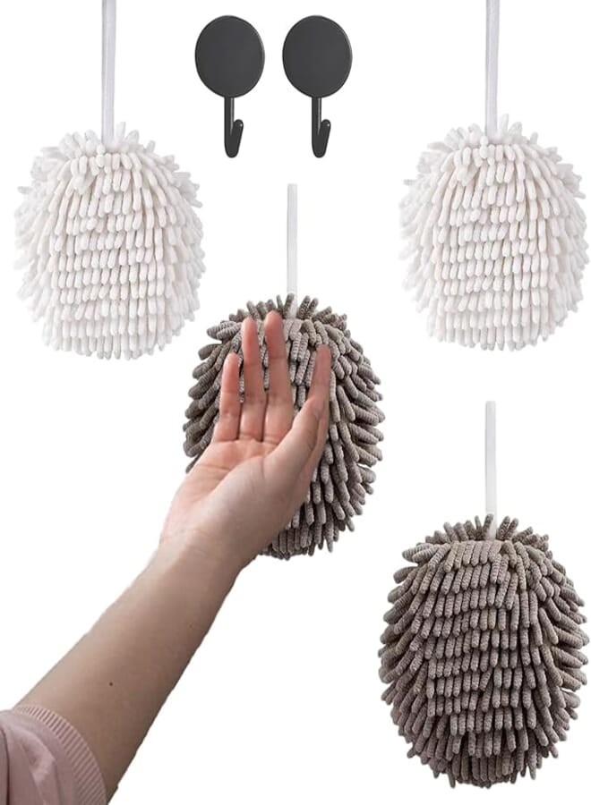 4 Pack Chenille Hand Towels，7.1 Inch Soft Absorbent Microfiber Towels Ball Gadgets for Home/Kitchen/Bathroom Gadgets/Hanging Towels Quick Dry Cloths(2Each White and Grey)