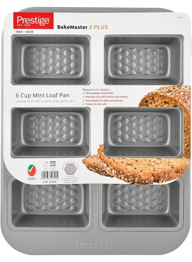 Prestige Prestige Bakemaster Mini Loaf Pan 6 Cup Pr51304, Grey, Carbon Steel Chrome 34.6x26.2x4.6cm