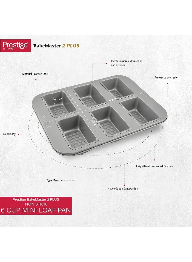 Prestige Prestige Bakemaster Mini Loaf Pan 6 Cup Pr51304, Grey, Carbon Steel Chrome 34.6x26.2x4.6cm