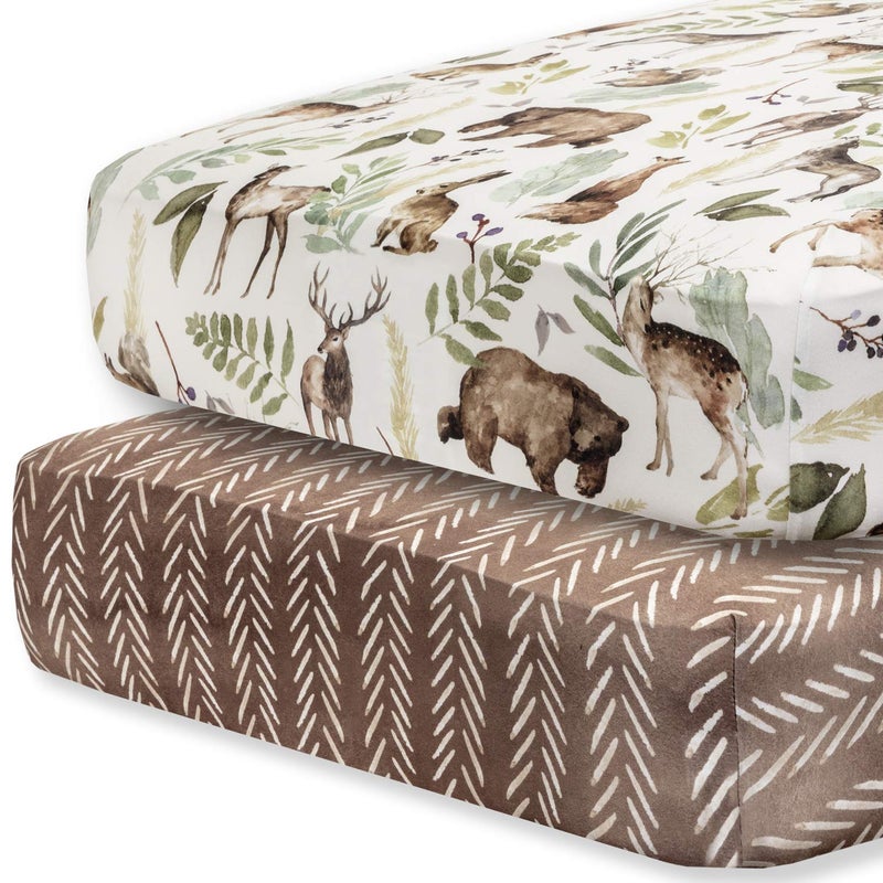 بوبيبيبي - 2 Pack Premium Fitted Baby Boy Crib Sheets for Standard Crib Mattress - Ultra-Soft Cotton Blend, Safe and Snug, and Stylish Woodland Crib Sheet (Wildlife) - Image 1