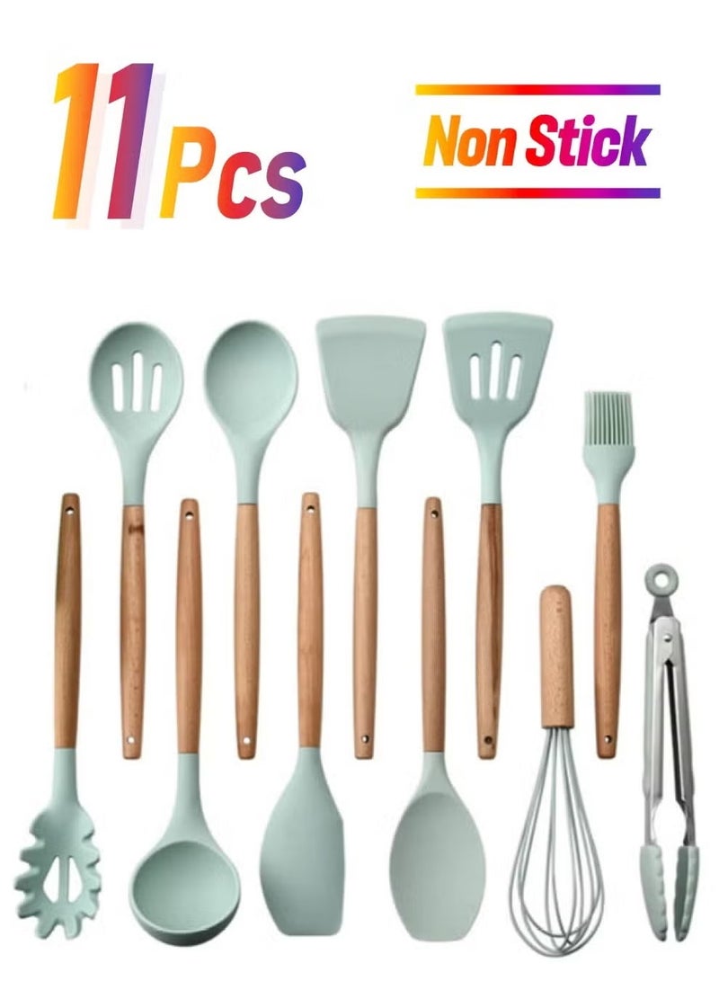 TIGER 11-Piece Wooden Handle Bucket Cookware Spoon Set, Mint Green – Durable Kitchen Utensils for Cooking, Stirring, Serving, Eco-Friendly and Stylish  - Image 1