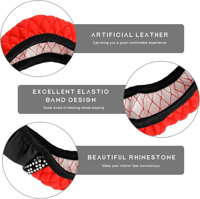 ZNDAW Bling Car Steering Wheel Cover, 15 Inch Sparkly Rhinestone Soft Leather Steering Wheel Protector, Non-Slip Universal Auto Elastic Steering Wheel Covers for Women Girls (Red) - Image 3