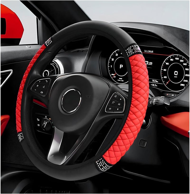 ZNDAW Bling Car Steering Wheel Cover, 15 Inch Sparkly Rhinestone Soft Leather Steering Wheel Protector, Non-Slip Universal Auto Elastic Steering Wheel Covers for Women Girls (Red) - Image 1