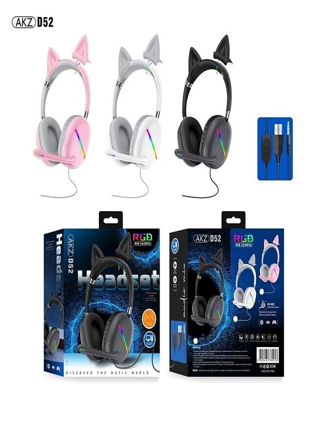 إيه كي زد سماعات رأس سلكية AKZ D52، تغطي الأذن بالكامل، مزودة بميكروفون، وإضاءة RGB، وكابل بطول 1.75 متر - Image 3