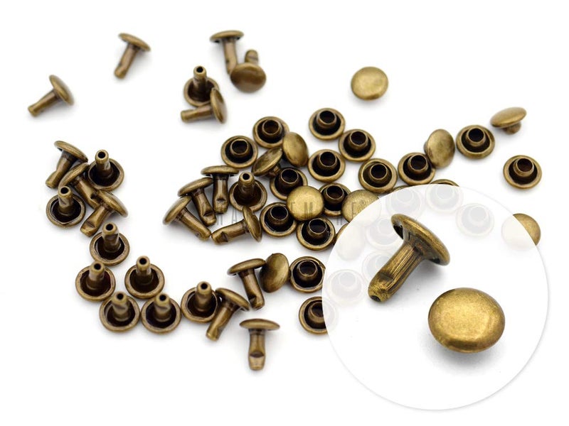 CRAFTMEMORE 100 Sets Double Cap Rivets Leather Rivet Tubular Metal Rapid Rivet Studs for Leather Craft VTDC (7 mm Cap, Antique Brass) - Image 1