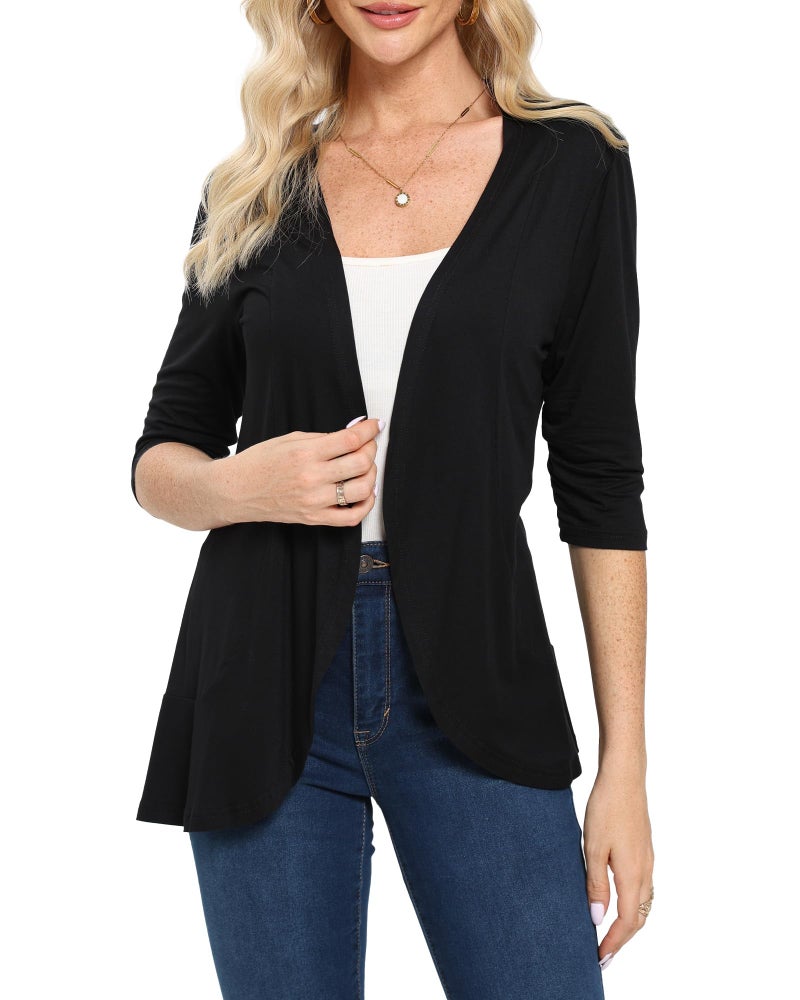 Xeoxarel Women's Casual 3/4 Sleeve Cardigan Lightweight Soft Open Front Cardigans Black XL - Image 1