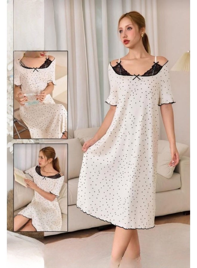 كاش حريمي طويل قطن مريح للنوم والمنزل – تصميم منقوش أنيق – كم قصير - Image 4
