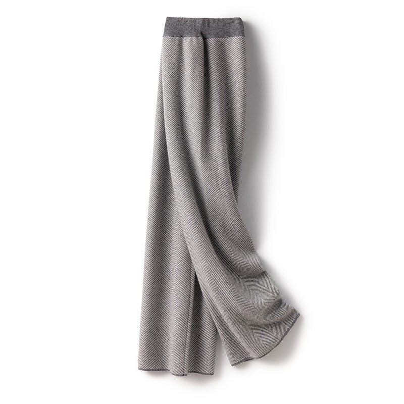 Luxury texture herringbone pattern 100% wool knitted pants womens autumn and winter thickened pants draped wide-leg pants light camel