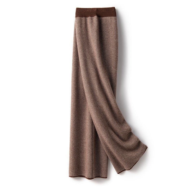 Luxury texture herringbone pattern 100% wool knitted pants womens autumn and winter thickened pants draped wide-leg pants light camel