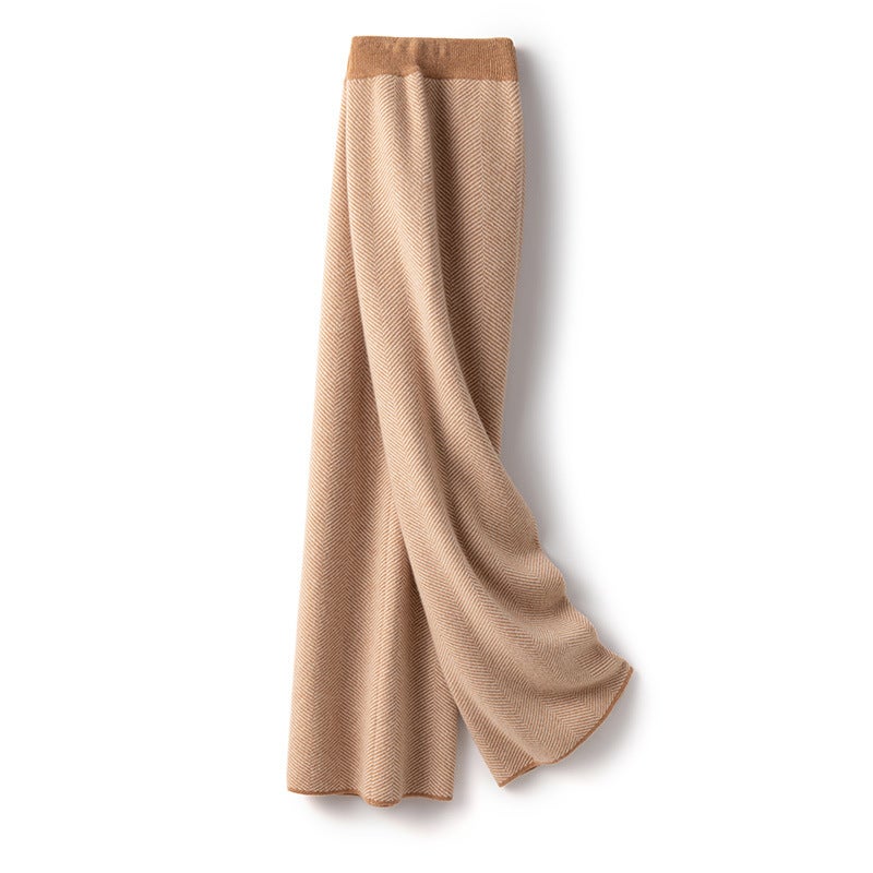 Luxury texture herringbone pattern 100% wool knitted pants womens autumn and winter thickened pants draped wide-leg pants light camel