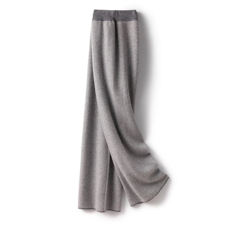Luxury texture herringbone pattern 100% wool knitted pants womens autumn and winter thickened pants draped wide-leg pants light camel