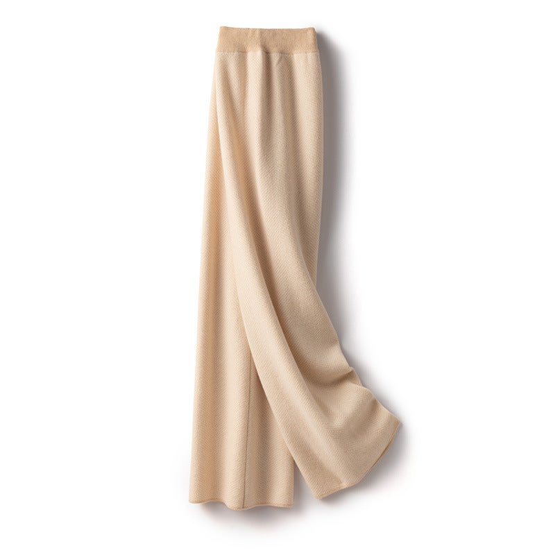 Luxury texture herringbone pattern 100% wool knitted pants womens autumn and winter thickened pants draped wide-leg pants light camel