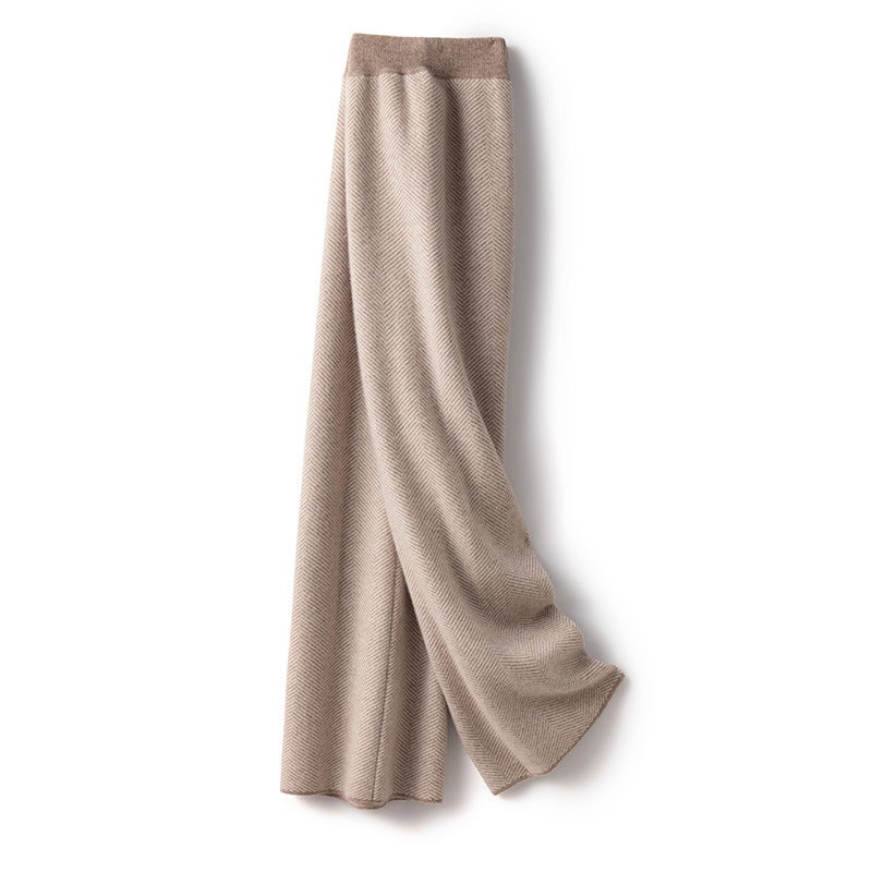 Luxury texture herringbone pattern 100% wool knitted pants womens autumn and winter thickened pants draped wide-leg pants light camel