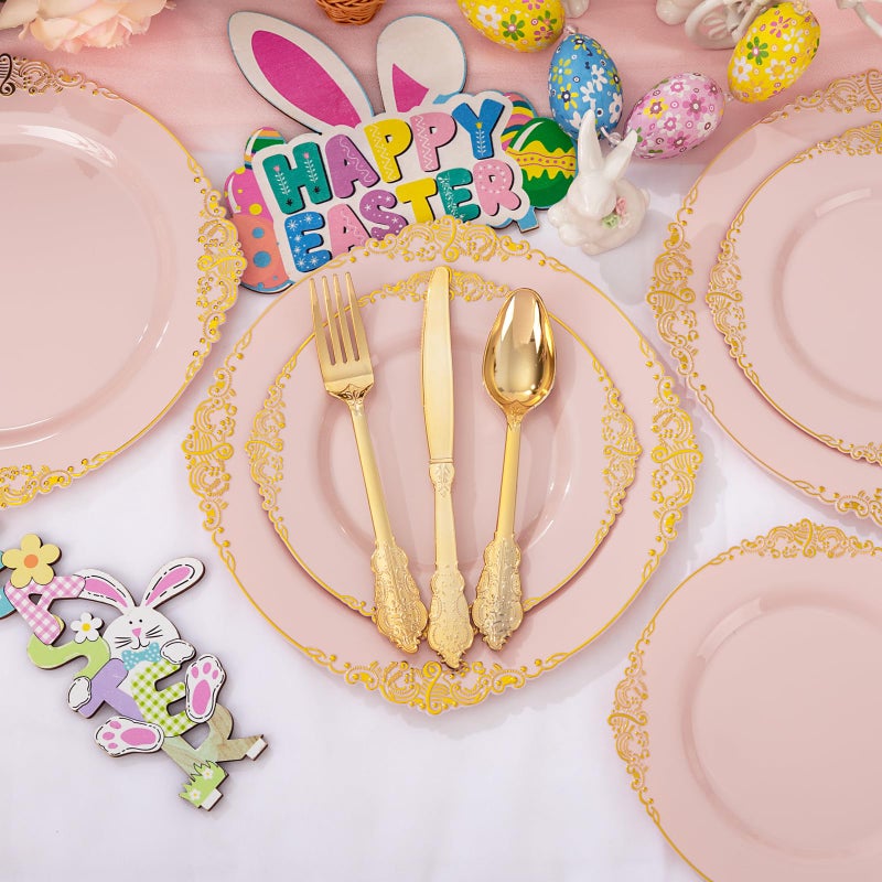 Joyido 125PCS Pink and Gold Plastic Plates - Pink Disposable Plates - Vintage Plate with Gold Plastic Silverware Set for 25 Guests for Weddings Baby Shower Parties Easter Mother's Day - Image 5