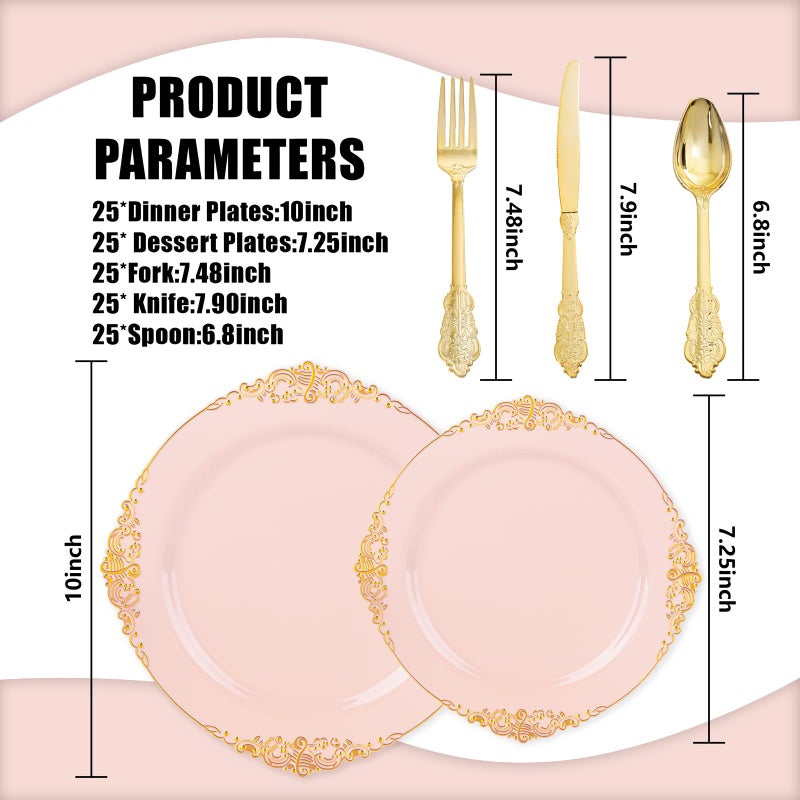 Joyido 125PCS Pink and Gold Plastic Plates - Pink Disposable Plates - Vintage Plate with Gold Plastic Silverware Set for 25 Guests for Weddings Baby Shower Parties Easter Mother's Day - Image 4