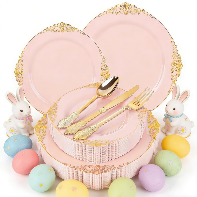 Joyido 125PCS Pink and Gold Plastic Plates - Pink Disposable Plates - Vintage Plate with Gold Plastic Silverware Set for 25 Guests for Weddings Baby Shower Parties Easter Mother's Day - Image 1
