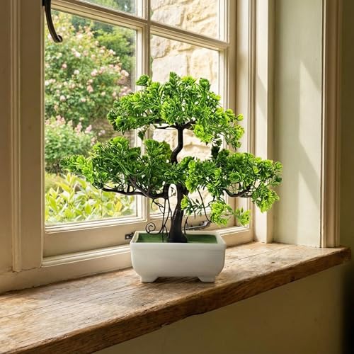 Dekorly Artificial Plants Pot Fake Bonsai Pine Trees Plants Greenery Japanese Pine Bonsai Tree Desktop Display Simulation,Office,Living Room (Height : 30CM, Tray Pot) - Image 5