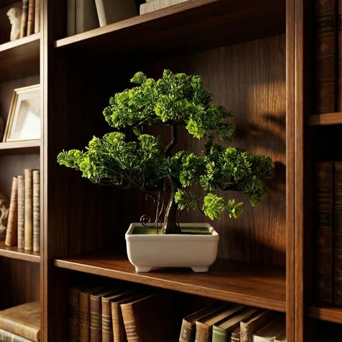 Dekorly Artificial Plants Pot Fake Bonsai Pine Trees Plants Greenery Japanese Pine Bonsai Tree Desktop Display Simulation,Office,Living Room (Height : 30CM, Tray Pot) - Image 4
