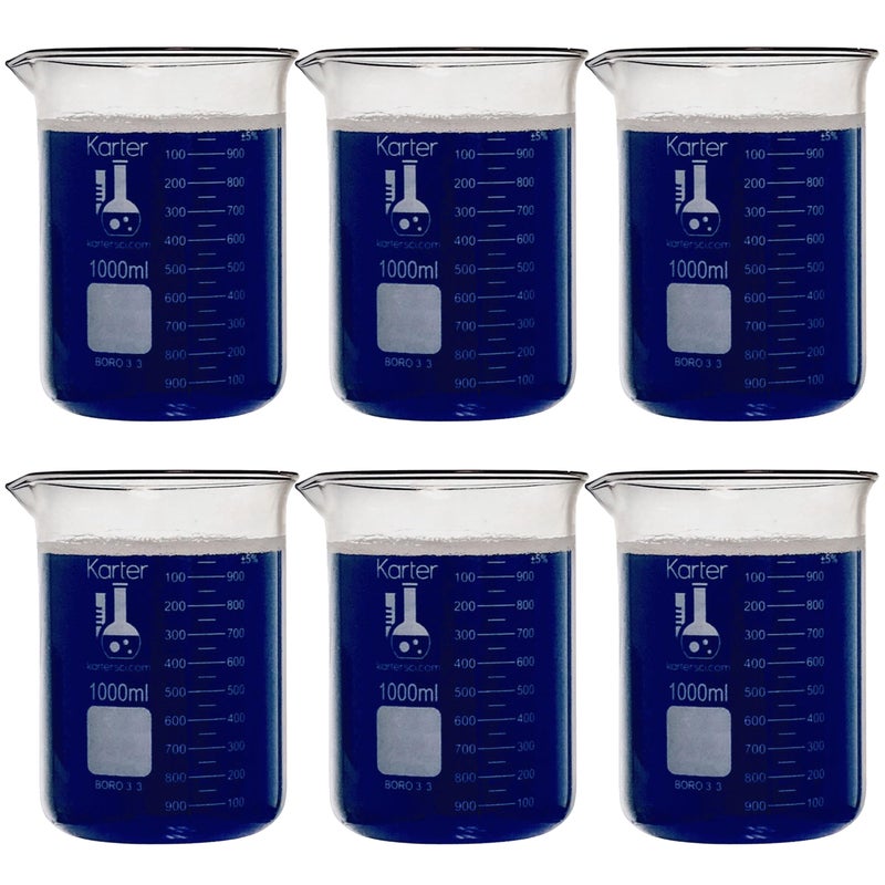 1000ml Beaker Low Form Griffin Borosilicate 33 Glass Double Scale Graduated Karter Scientific 213D19 Pack of 6