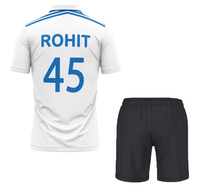 rjm قميص كريكيت الهندي لمباراة الاختبار 2024 روهيت شارما 45 تي شيرت مع شورتات للأطفال والرجال والأولاد - Image 1