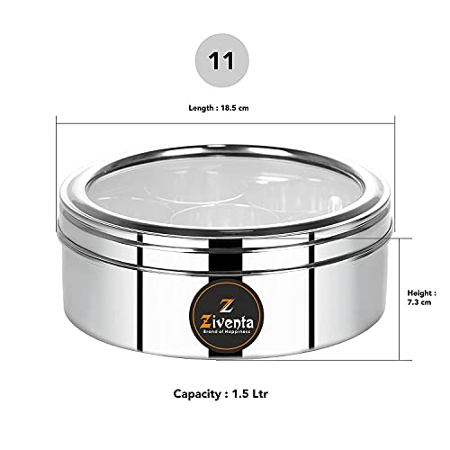 ZIVENTA Spice Box/Masala Dabba/Spice Organiser/Masala Box,100% Stainless Steel, See Through Lid with 7 Containers, and Small Spoon 7 Piece Spice Set Size 11 (1.5Ltr) (18.5cm) - Image 3
