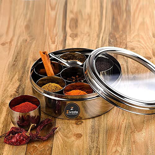 ZIVENTA Spice Box/Masala Dabba/Spice Organiser/Masala Box,100% Stainless Steel, See Through Lid with 7 Containers, and Small Spoon 7 Piece Spice Set Size 11 (1.5Ltr) (18.5cm) - Image 2