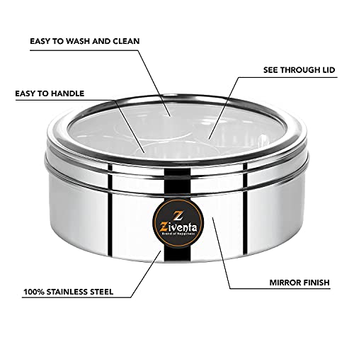 ZIVENTA Spice Box/Masala Dabba/Spice Organiser/Masala Box,100% Stainless Steel, See Through Lid with 7 Containers, and Small Spoon 7 Piece Spice Set Size 11 (1.5Ltr) (18.5cm) - Image 4