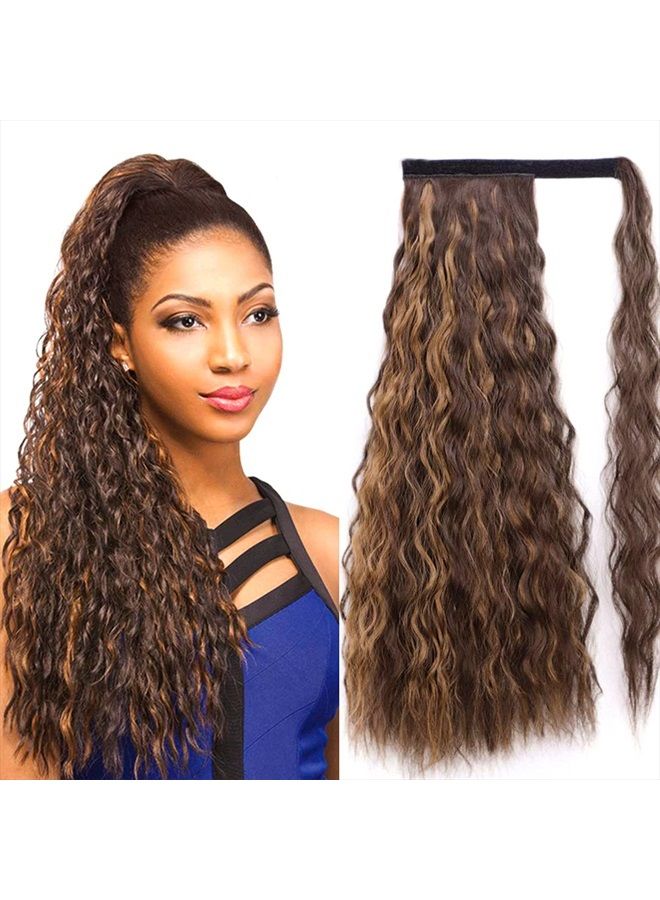 Stamped Glorious Long Corn Wave Ponytail Extension Magic Paste Heat Resistant Wavy Synthetic Wrap Around Ponytail Black Hairpiece for Women (22 Inch, 22 Inch-Highlight) - Image 1