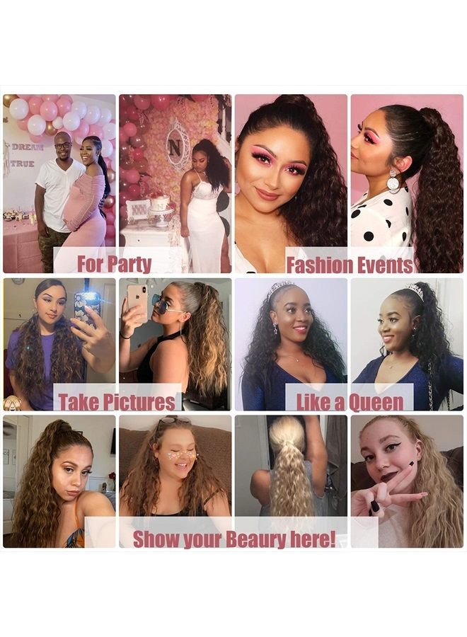 Stamped Glorious Long Corn Wave Ponytail Extension Magic Paste Heat Resistant Wavy Synthetic Wrap Around Ponytail Black Hairpiece for Women (22 Inch, 22 Inch-Highlight) - Image 2