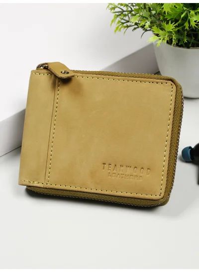 تيك وود Teakwood Leather Genuine Leather Zip Around Wallet for Men | Green Wallet | Zipper Closure | Flap Coin Pocket (Non-Detachable) | 1 Main Compartment | 4 Card Slots | 1 Slip Pocket | Compact Premium Wallet