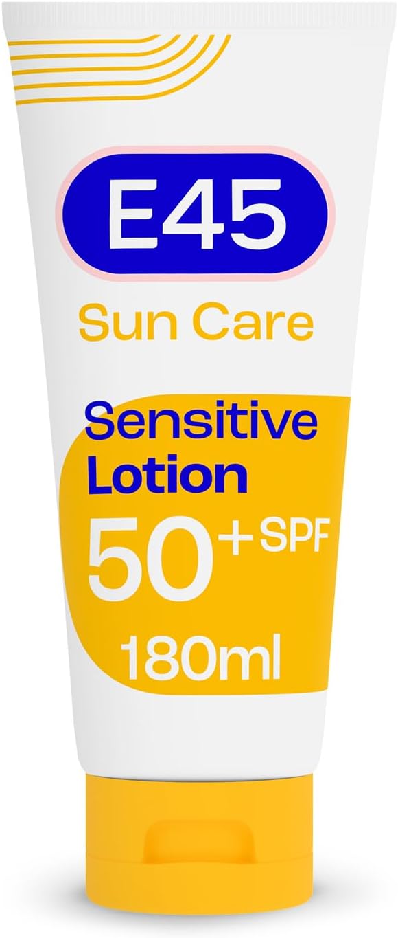 E45 Sun Body Lotion for Sensitive Skin Hydrating Sun Cream with very high UVA and UVB protection and SPF 50 For Dry Skin Sensitive Skin and Eczema Prone Skin 180 ml