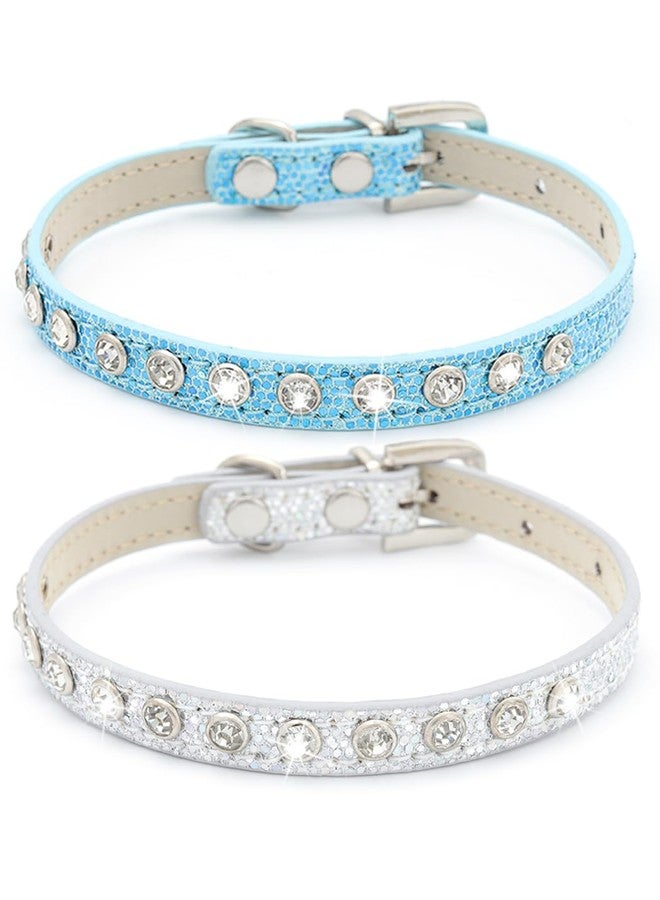 Urieo Sparkle Rhinestone Cat Collars Silver Leather Kitten Collar Bling Classy Pet Collars for Puppy Rabbits and Small Dogs (Pack of 2) - Image 1