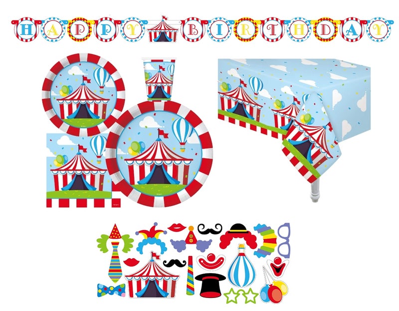 Oojami Circus Party Supplies for 30 Plates Cups Napkins Decorations Includes Dinner Plates Dessert Plates Table Covers Photo Props Happy Birthday Banner - Image 2