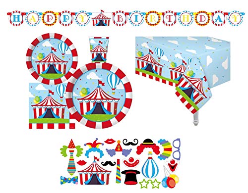 Oojami Circus Party Supplies for 30 Plates Cups Napkins Decorations Includes Dinner Plates Dessert Plates Table Covers Photo Props Happy Birthday Banner - Image 1